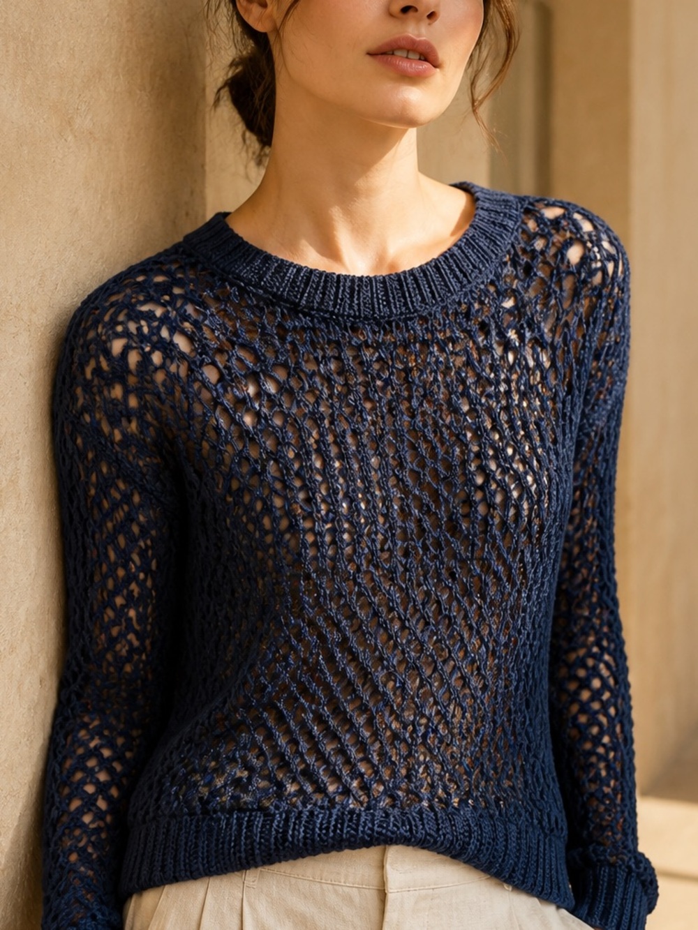 Sandro Navy Open-Knit Crewneck Sweater